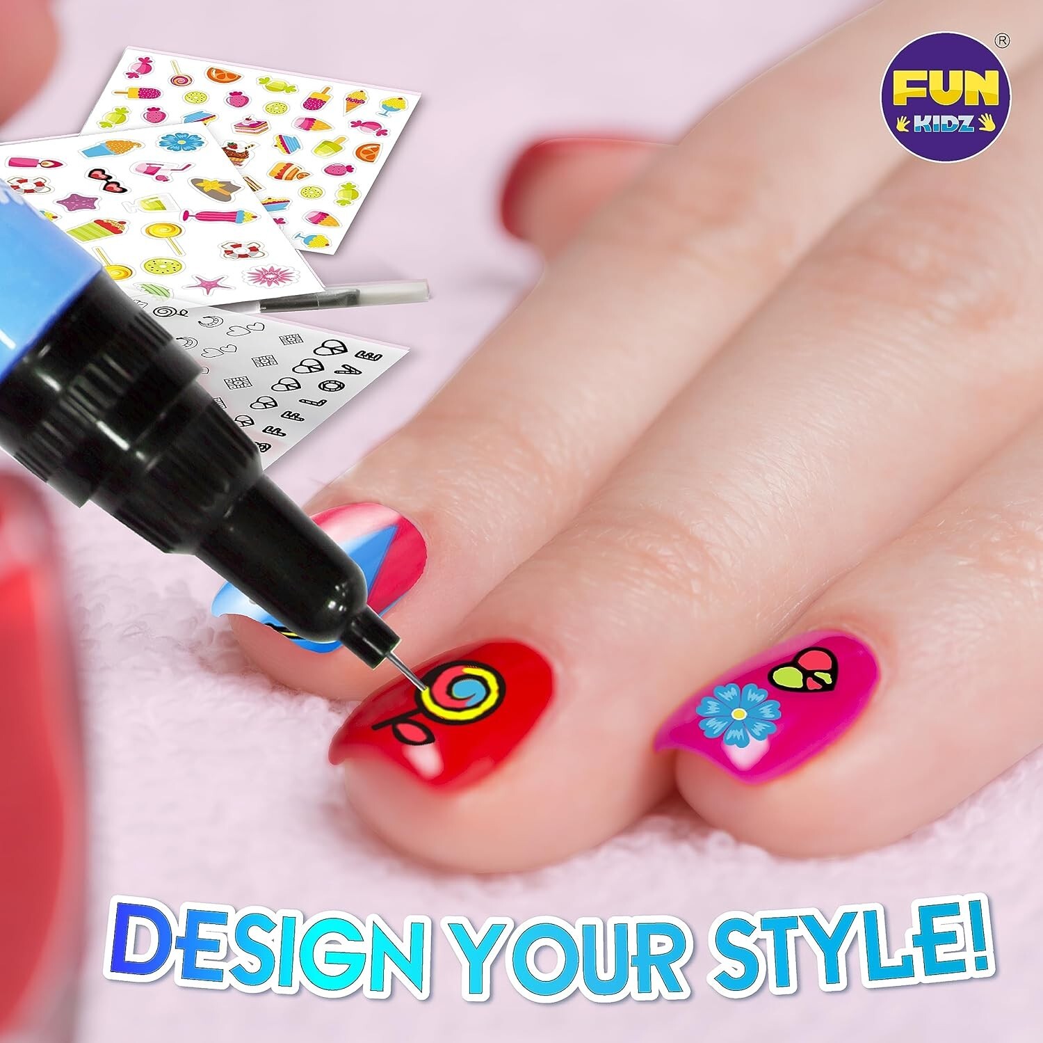 Girls 8-12 Nail Art Combo with 120 Fake Nails and Glitter Pens – Fun DIY Set