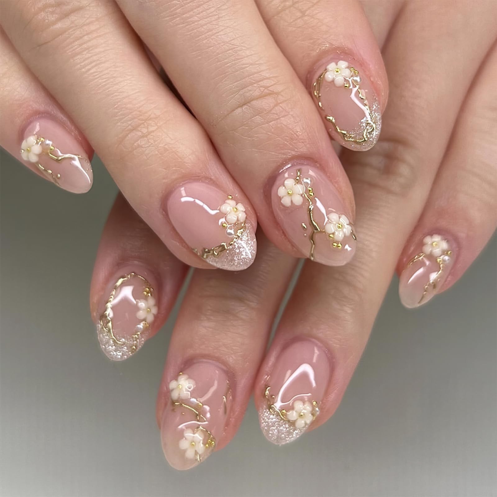 Jremg Glitter French Tip Press on Nails Short Round Fake Nails with Gold Bead…