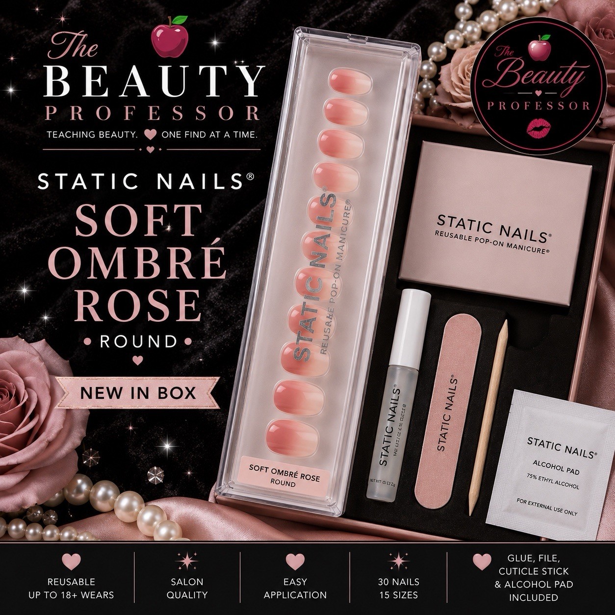 💅 Static Nails Soft Ombré Rose Round Reusable Pop-On Manicure New In Box