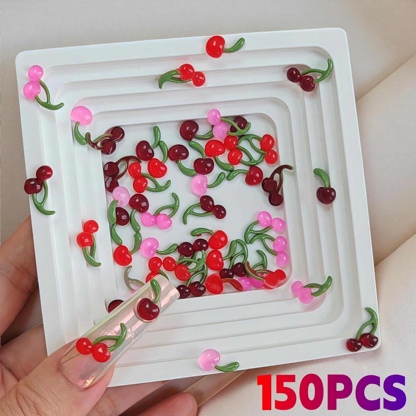 150PCS 3D Cherry Nail Charms and Rhinestones for DIY Nail Art Supplies