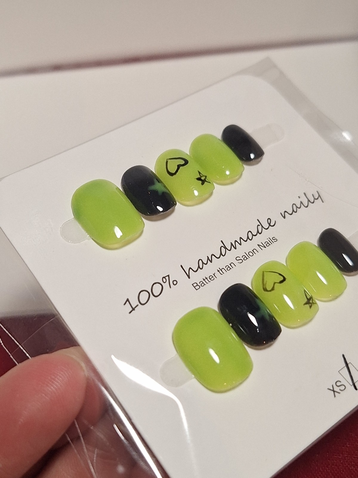 XS Press-On Nails Green Black Shiny Square Heart Star Full Cover