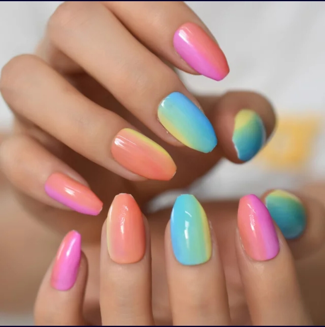 24 Medium Press on Nails kit glue on rainbow ombre bright neon coffin pink orang