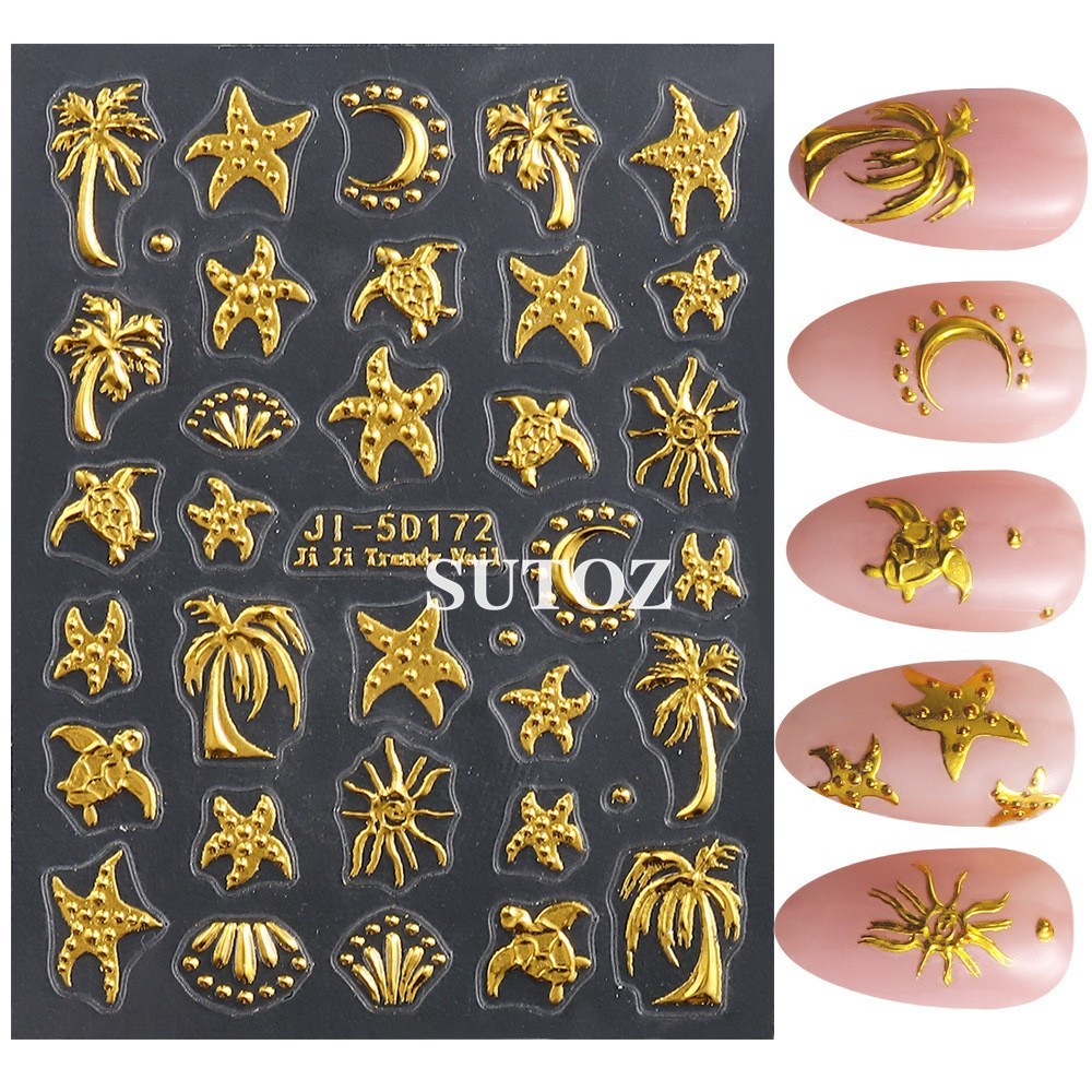 Gold Ocean Starfish Turtle Sun Palm Tree 5D Nail Stickers Embossed Decal J15D172