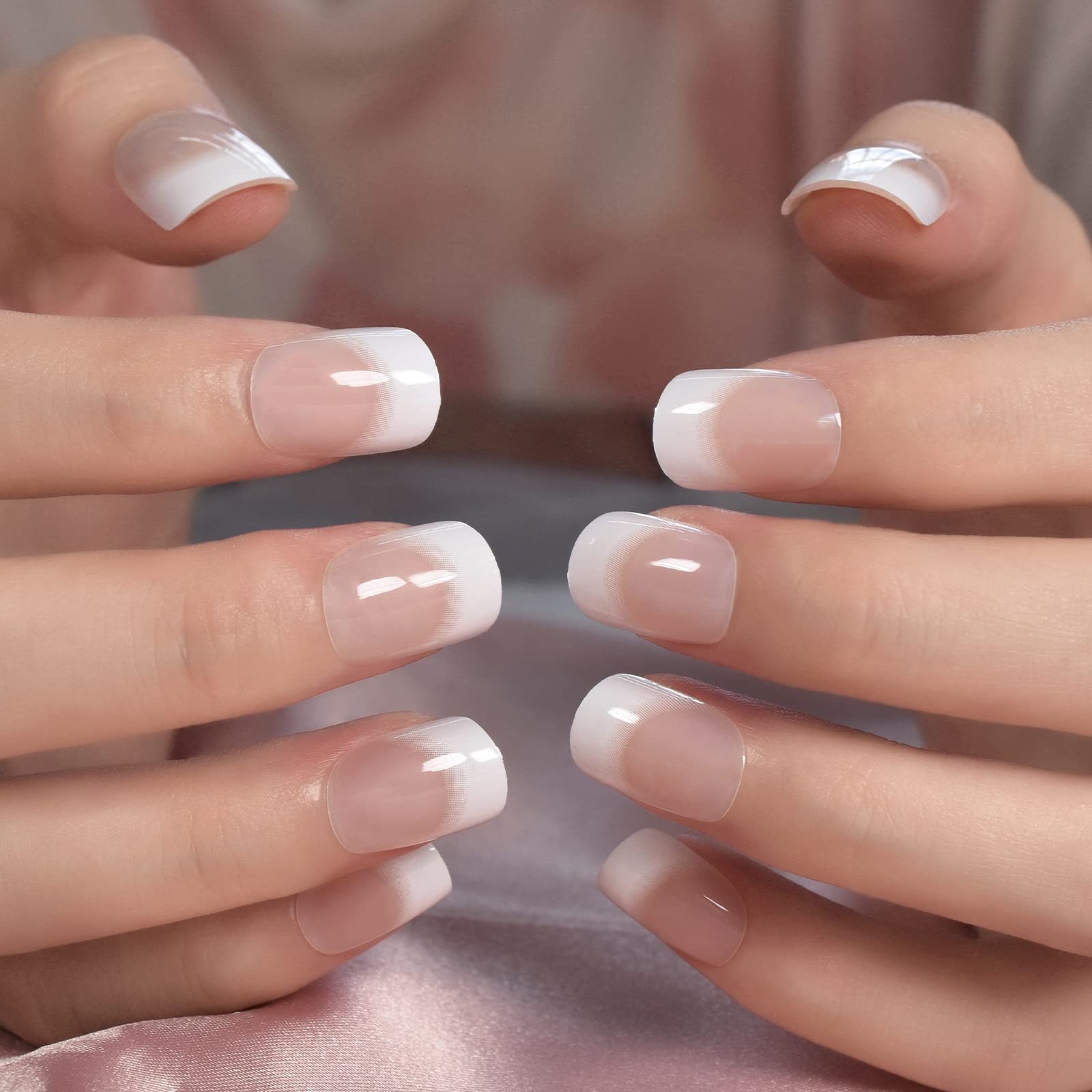 Daily Natural Nude white Press on French Nails Short Squoval Fake Clear White