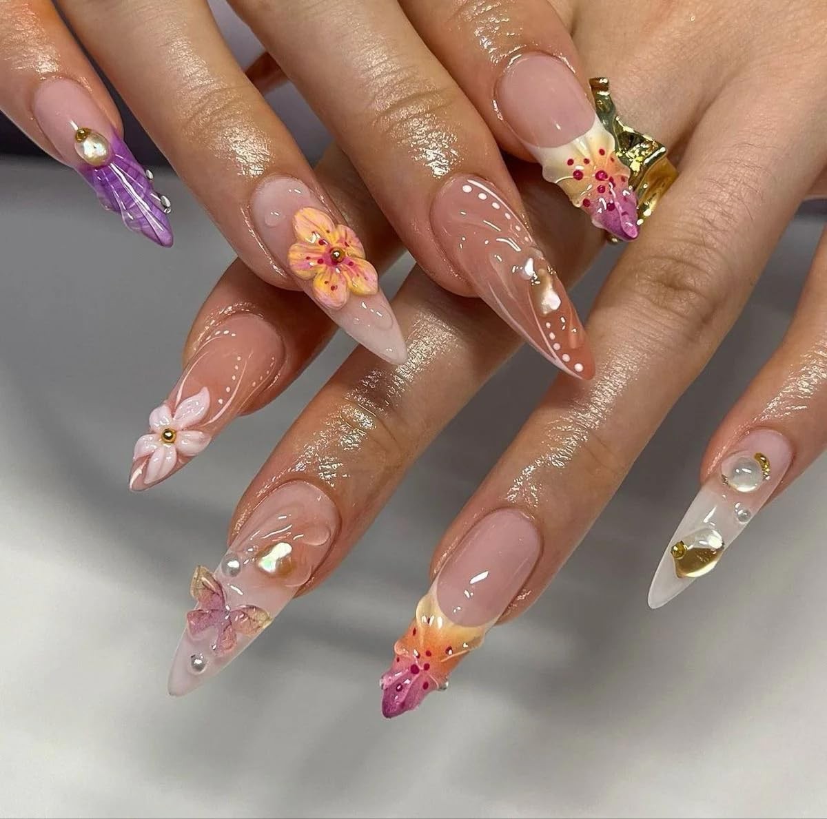 MAGLFELL Press on Nails – Handemade Long Almond Fake Nails, Unique 3D Glossy …