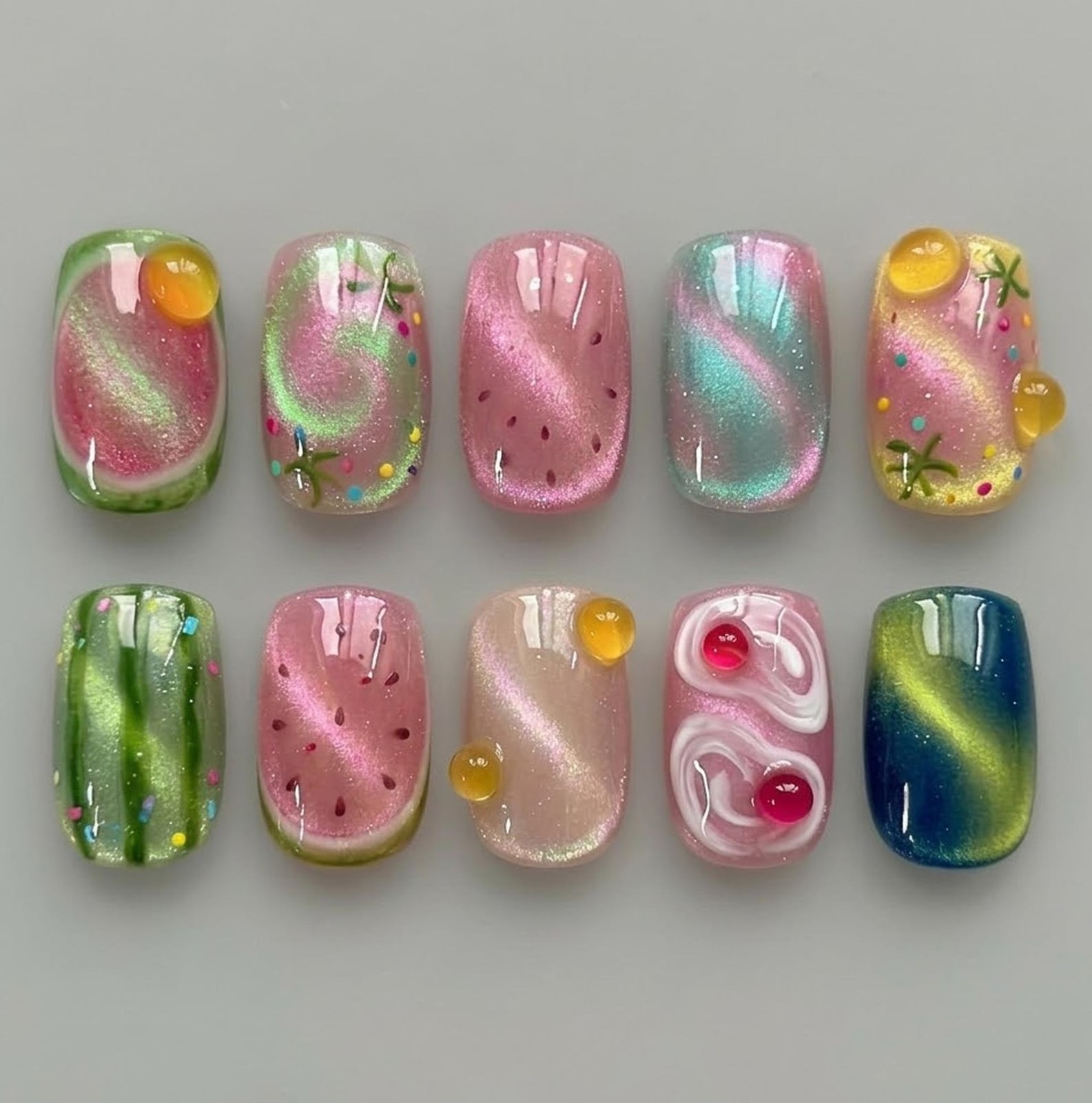Handmade Summer Watermelon Cat Eye Candy Sprinkle Medium Square Press on Nails