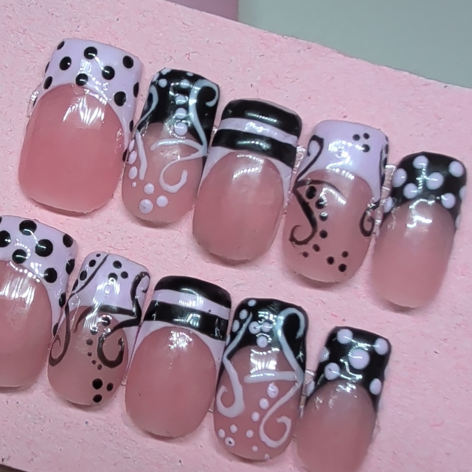 10 Piece Short Square Press-On , French, Pink Black White Polka Dot, Handmade