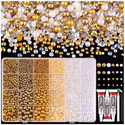 14000PCS Flatback Pearls & Gold Rhinestones for Crafting, Nail Art, DIY Decor