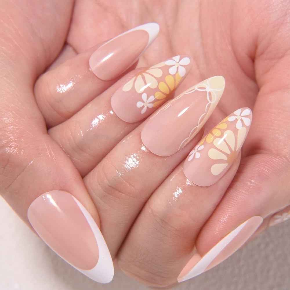 evpct Nude Yellow Flower Short Almond Press On Nails