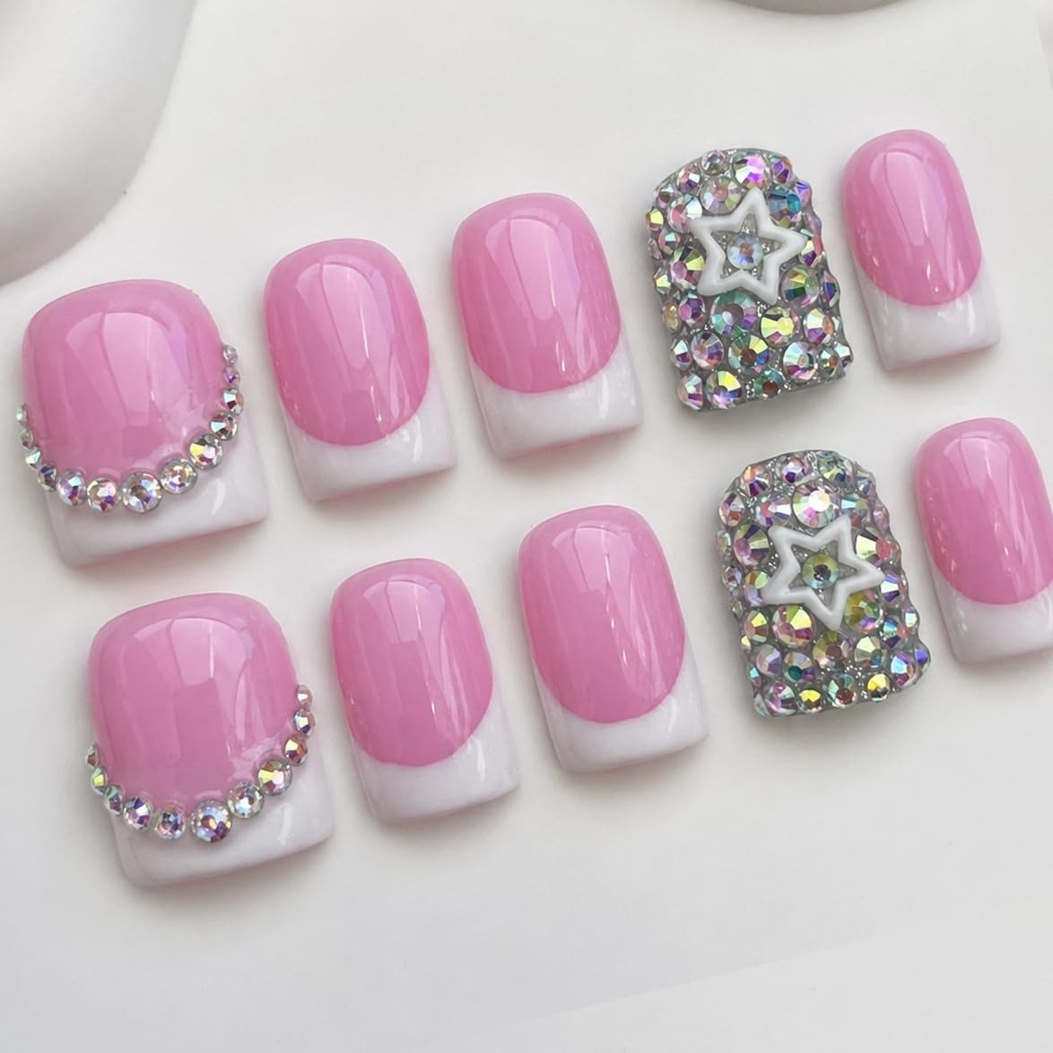 Medium Square Press On Nails Pink White French Glitter Rhinestone Fake Nails