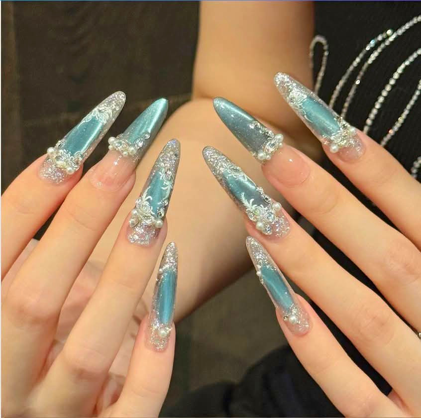 Long Stiletto Press-On Nails Full Cover 3D Blue Silver Glitter Pre-Designed