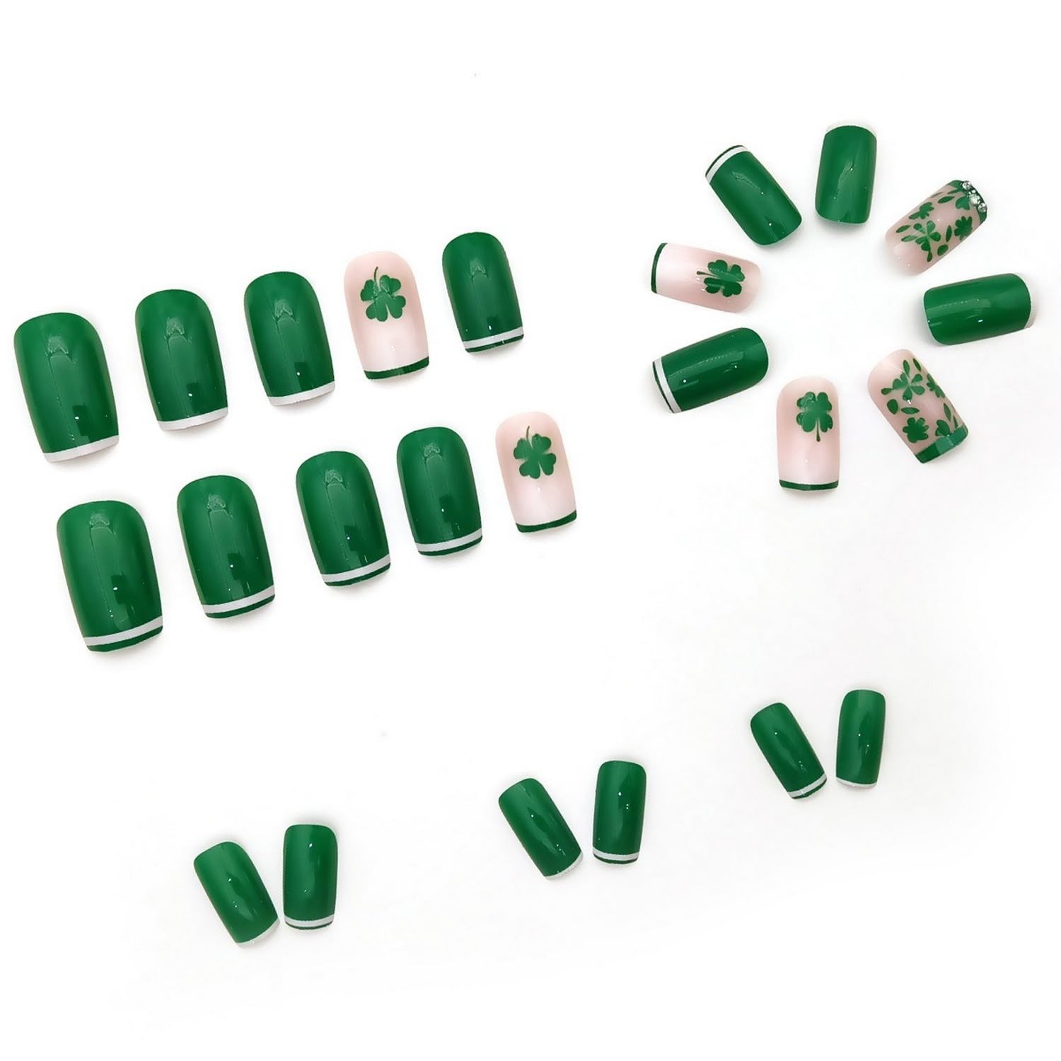 24 Pcs St. Patrick’s Day Press on Nails Green White French Tip Fake Nails Short