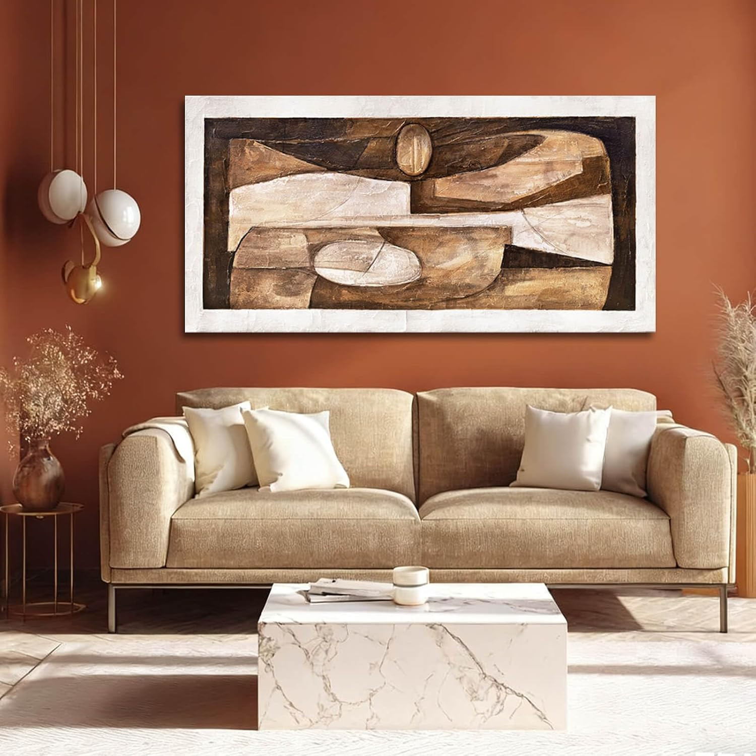 Geometric Tan Wall Art – Textured Gold Decor for Living Room & Office 24×48