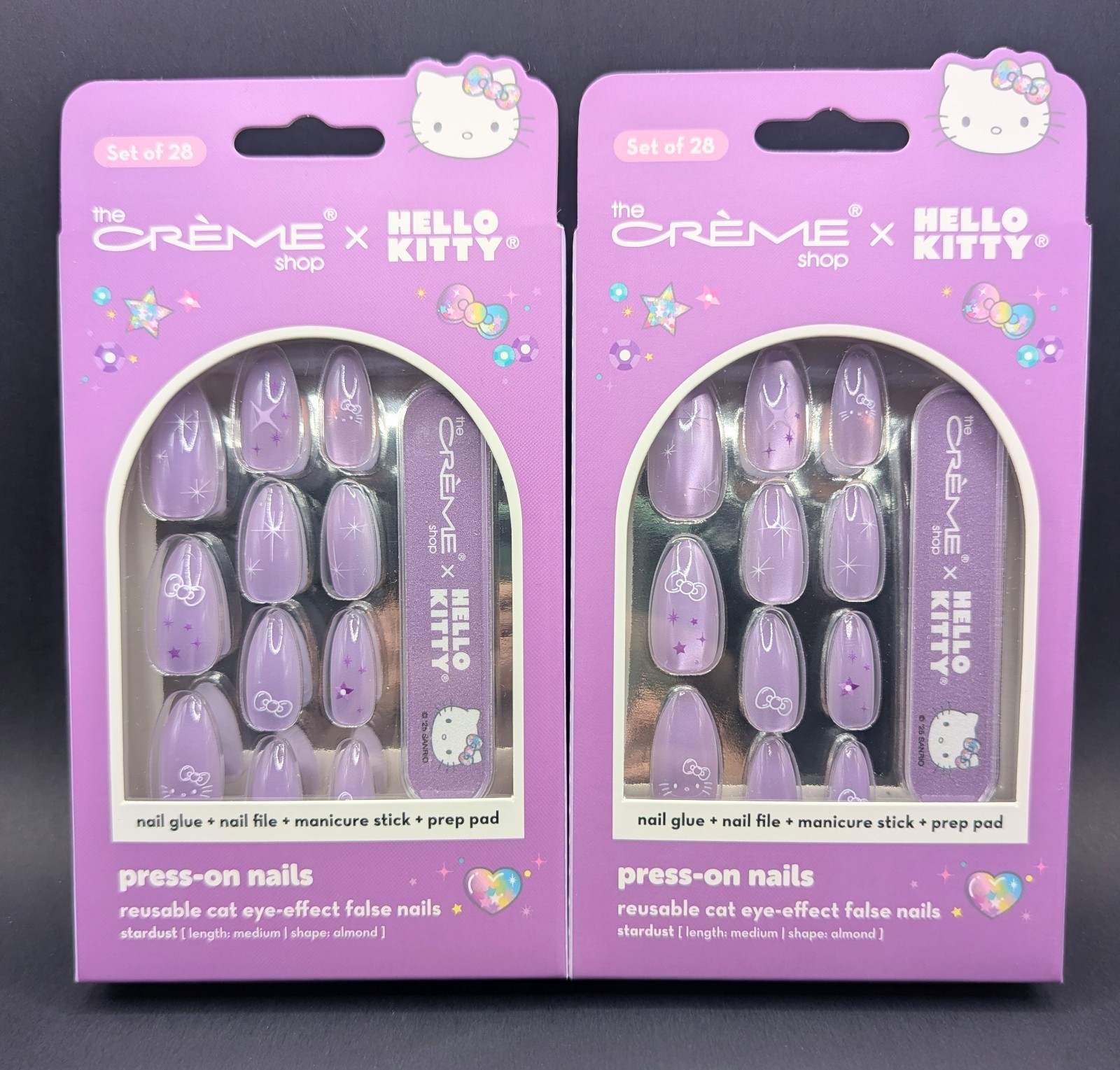 2x-Hello Kitty x The Crème Shop Press-On Nails Set of 28 Purple Cat Eye Almond