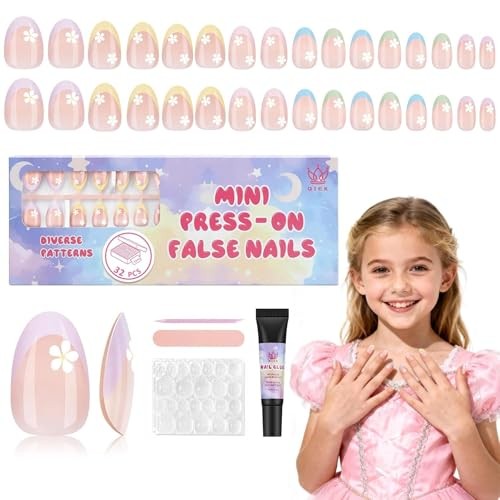 16 Sizes Press on Nails Kit for Kids – 32 Pieces A-Colorful Flower 1 Pack
