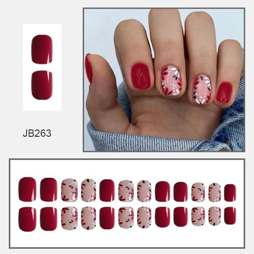 Red Press on Nails Short Square 1 Fl Oz (Pack of 1) Square white Flower-red