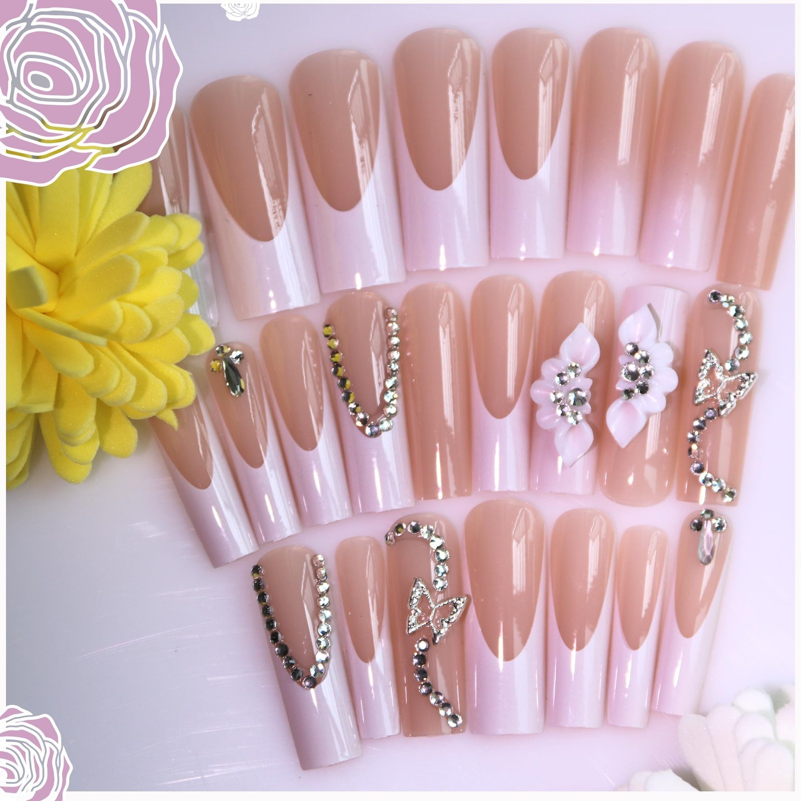 Floral Press on Nails Kit French Tip Nails Press Ons Long Silver butterfly Rh…