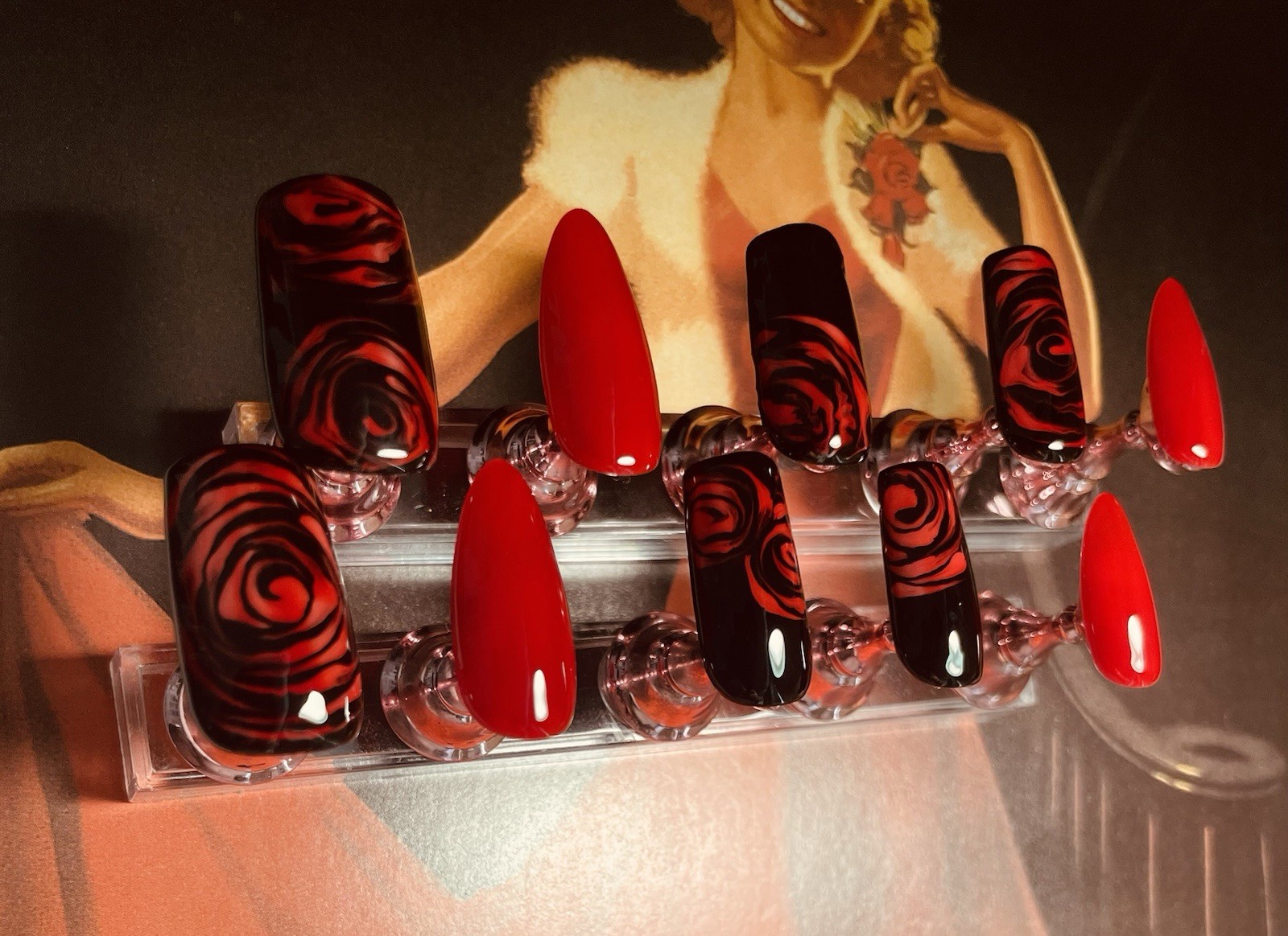 Long Sq and Almond Press-On Nails Full Cover Glossy Red Black Rose Set