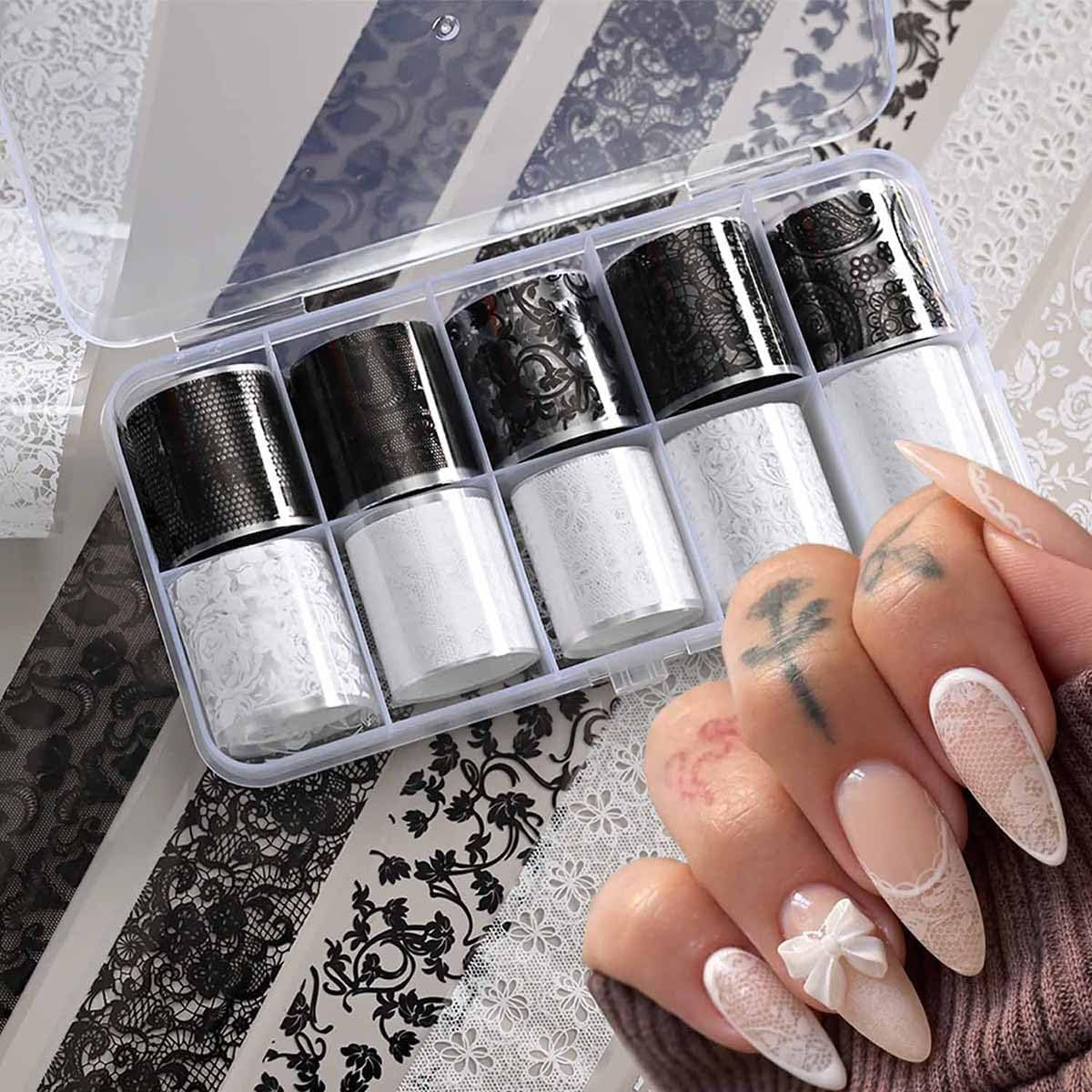 10 Rolls Lace Nail Foil Black White Transfer Stickers for Women | Floral Rose De
