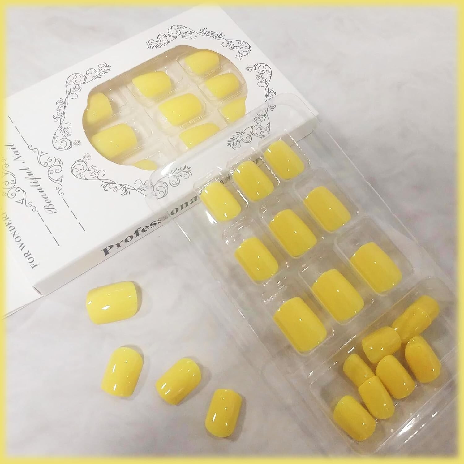 Press-On Manicure Nails 24 pieces short square solid color yellow acrylic fake