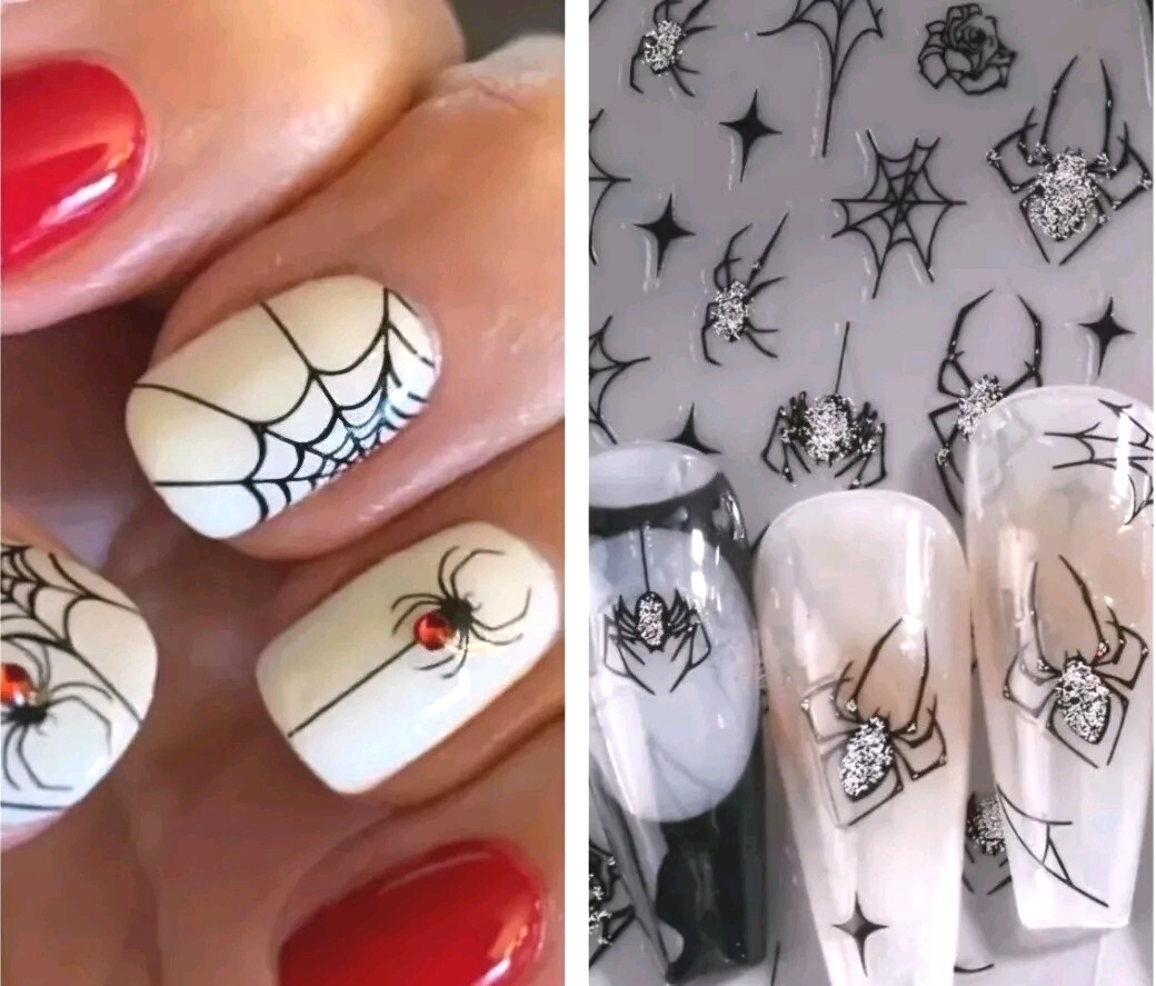 Halloween Nail Art Transfer Stickers Red Silver Spooky Spiders Roses Spider Webs