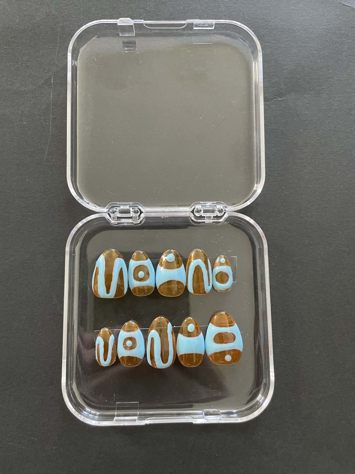 Homemade Press-On-Clear Orange With Blue Abstract Art Almond Nail Set