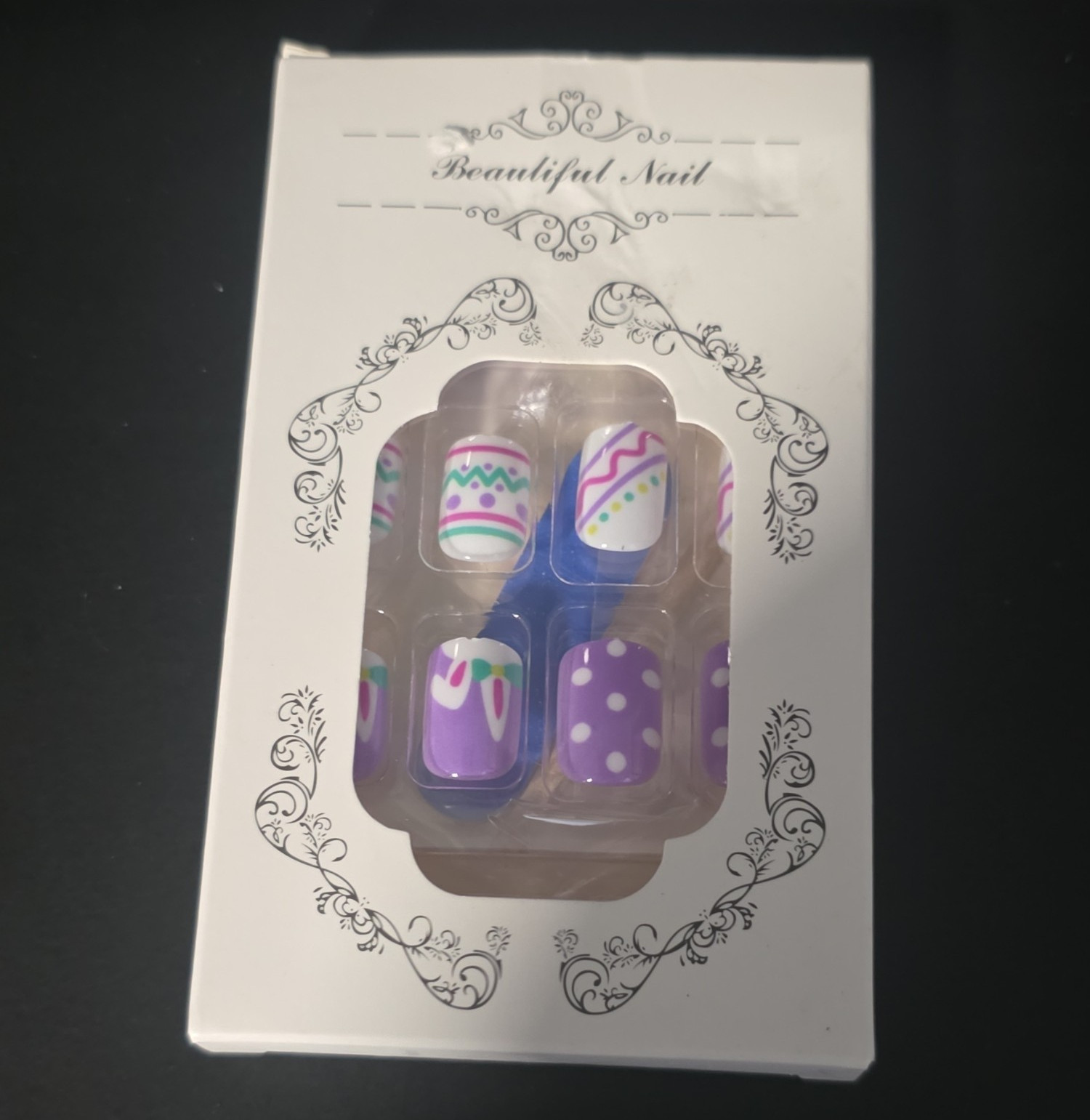 Press-On Nails Short Square Purple/White/Pink/Green/Yellow Easter 3D Full Cover