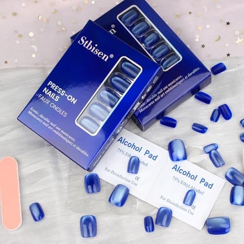 Royal Blue Press on Nails – Short Square – Cat Eye Fake Nails – B01 – Ice Blue