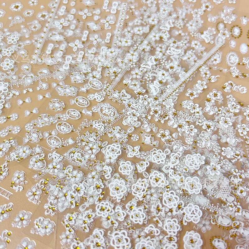 10sheets White Lace Daisy Flower Gold Rhinestones Nail Art Stickers Decor XF