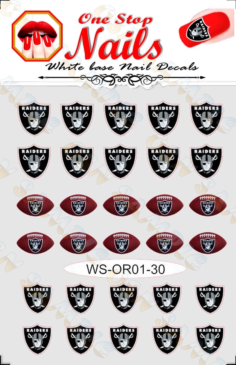 Oakland Raiders Vinyl Peel & Stick Nail Art Decals pre-cut white BG WS-OR01-30