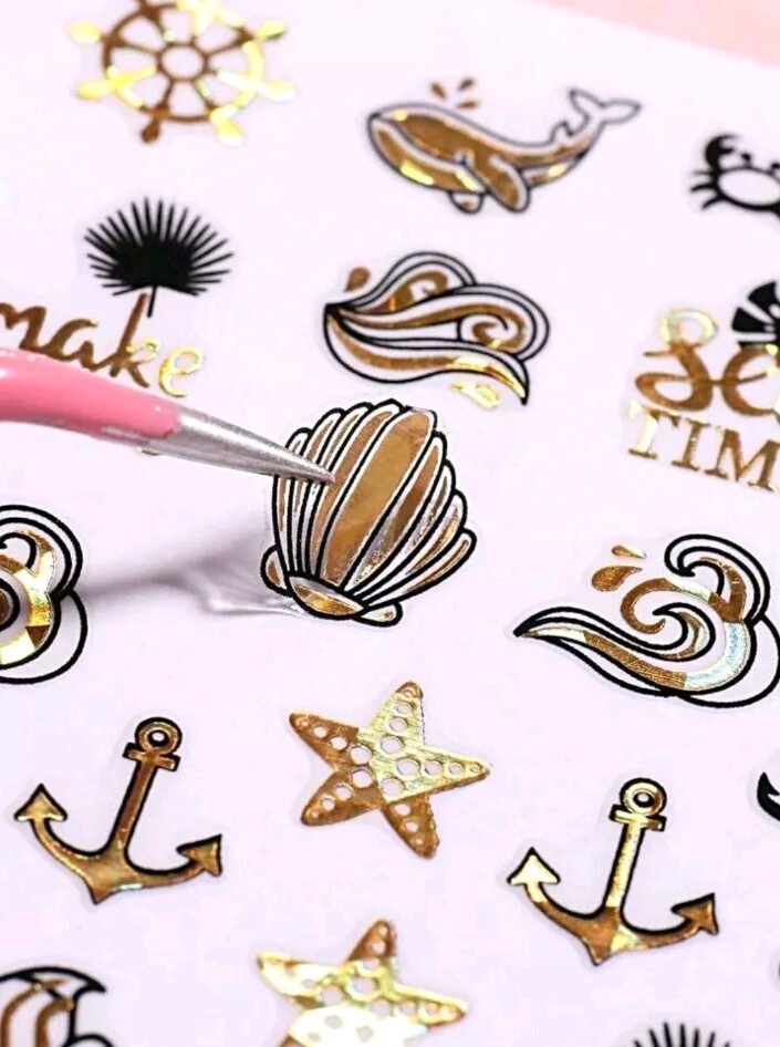 Beach Gold Nail Art Transfer Stickers Anchors Shells Mermaid Scales Whales Waves