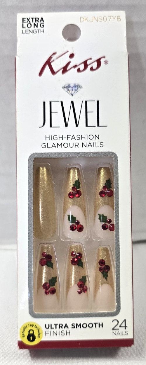 KISS Jewel NAILS GLUE ON Extra LONG DKJNS07Y8 24 Ct Gingerbread Christmas Holly