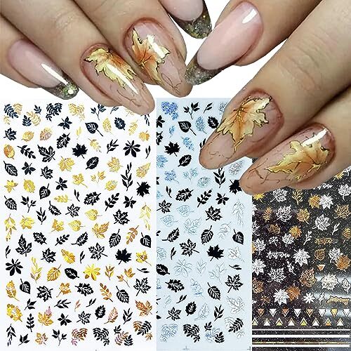 8Sheets Gold Maple Leaf Nail Stickers 3D Fall Nail Art Supplies Sticker 12