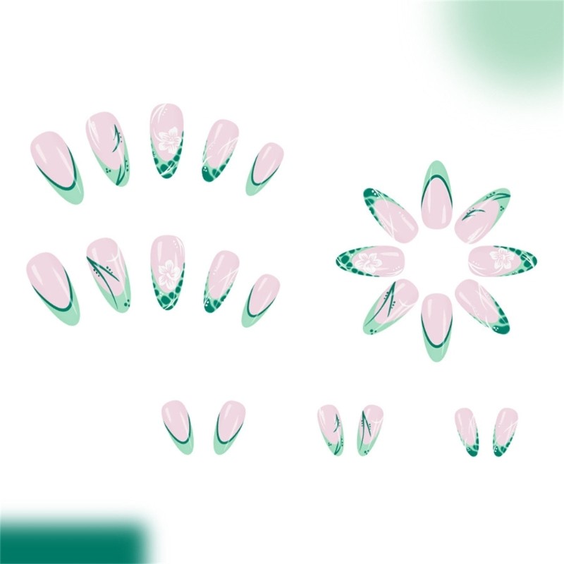 Green French Floral Press On Nail Floral False Nail Middle Length