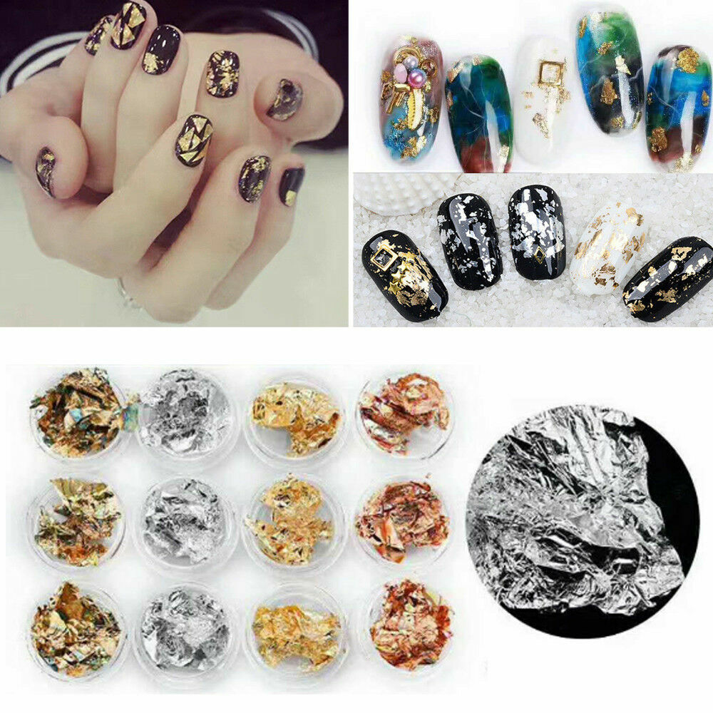 12pcs Nail Art Metal Foil 4 Colors Paper 3D Sticker Flake Decal Decoration