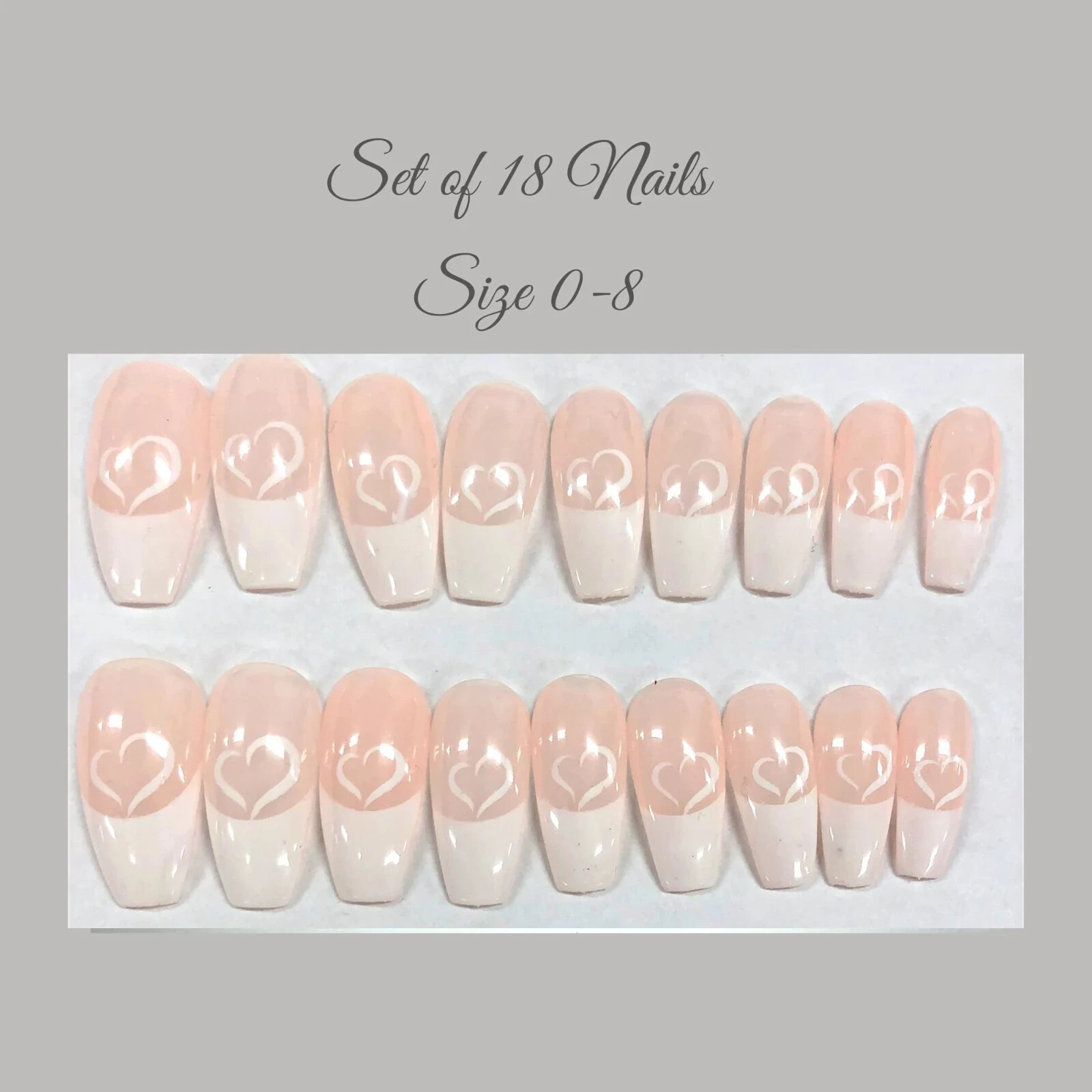 French Manicure with Hearts Press-On Nail Set – Long Ballerina (Size 0-8)