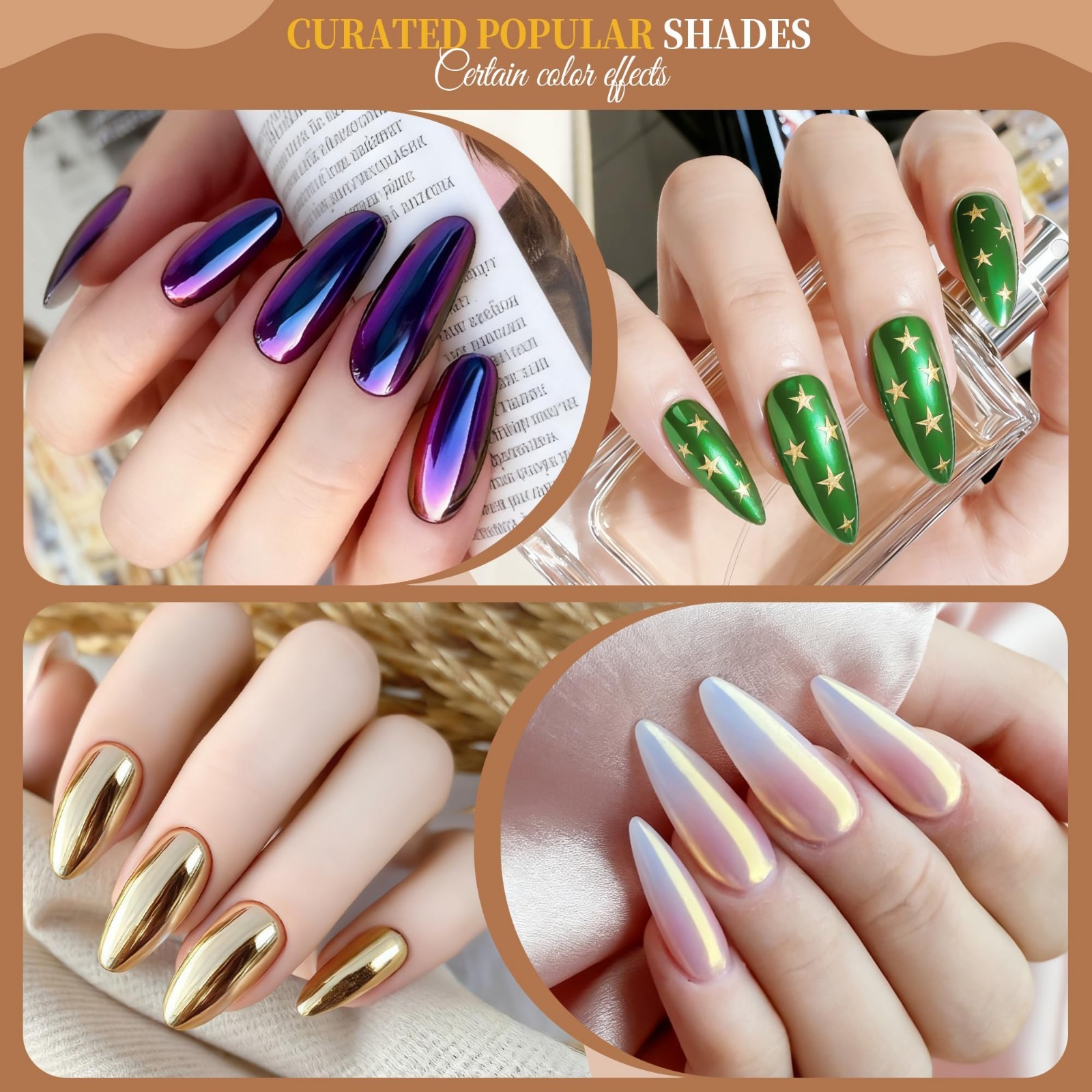 24 Jars Holographic Nail Powder Kit – White Pearl & Gold Mirror Effect for Nail