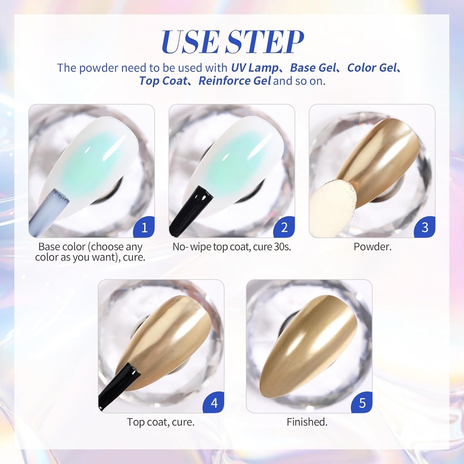 High-Gloss Holographic Nail Powder Set – 4 Colors for Easy Application