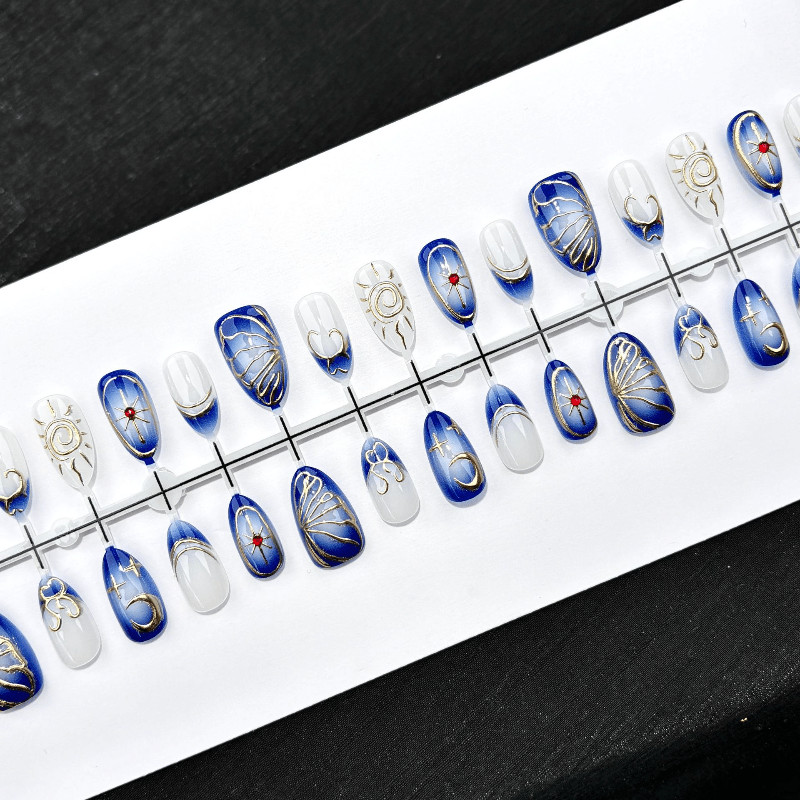 60pcs Almond Press on Nails,Blue White Ombre Gold Line Sun Moon Rhinestone Nails