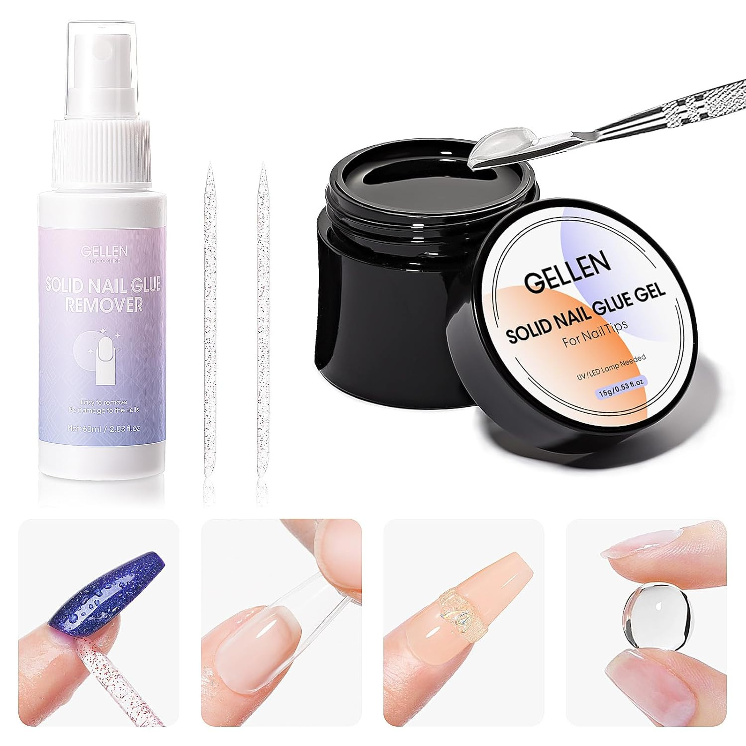 Solid Gel Nail Glue with 60Ml Nail Glue Remover Set, 15G Solid Nail Gel for Fals