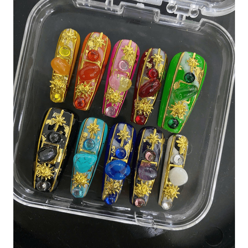 Gem Sun Handmade Press on Nails Gold Frame Marble Iridescent Shimmer Fake Nails
