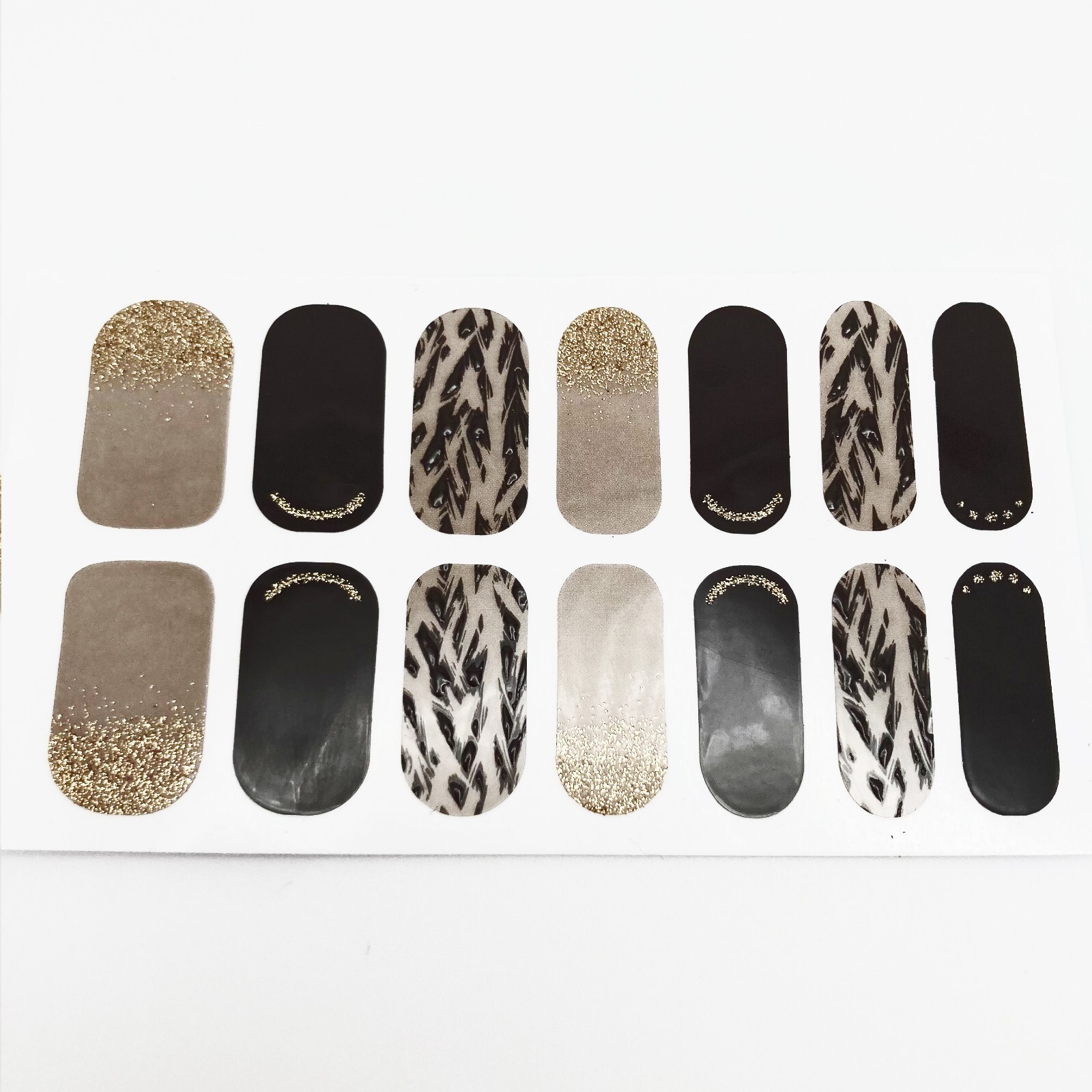 Beige and Black Animal Print Nail Stickers With Gold Glitter, Home Manicure