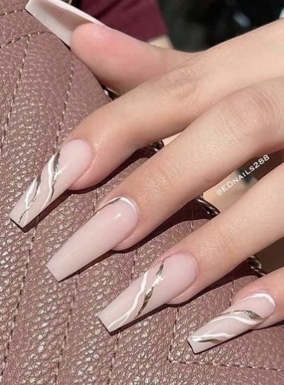 24 Nude Marble Press on nails kit glue extra long gold white