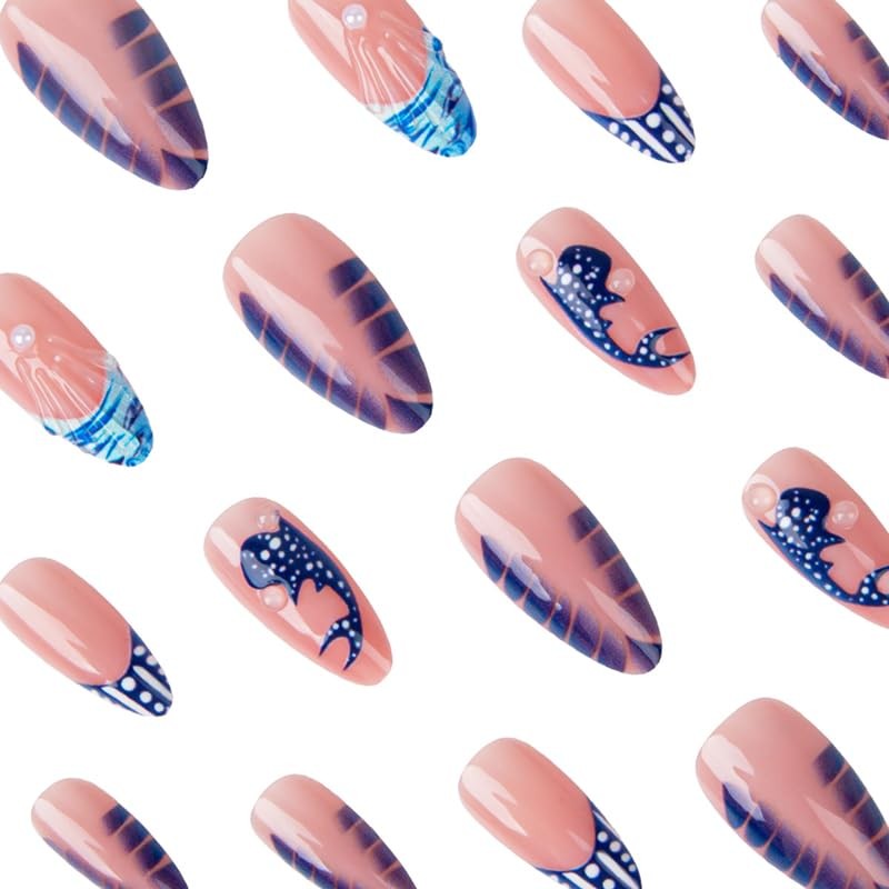 3D Wave Medium Press on Nails Almond Fake Blue | Spots Medium, Style-21