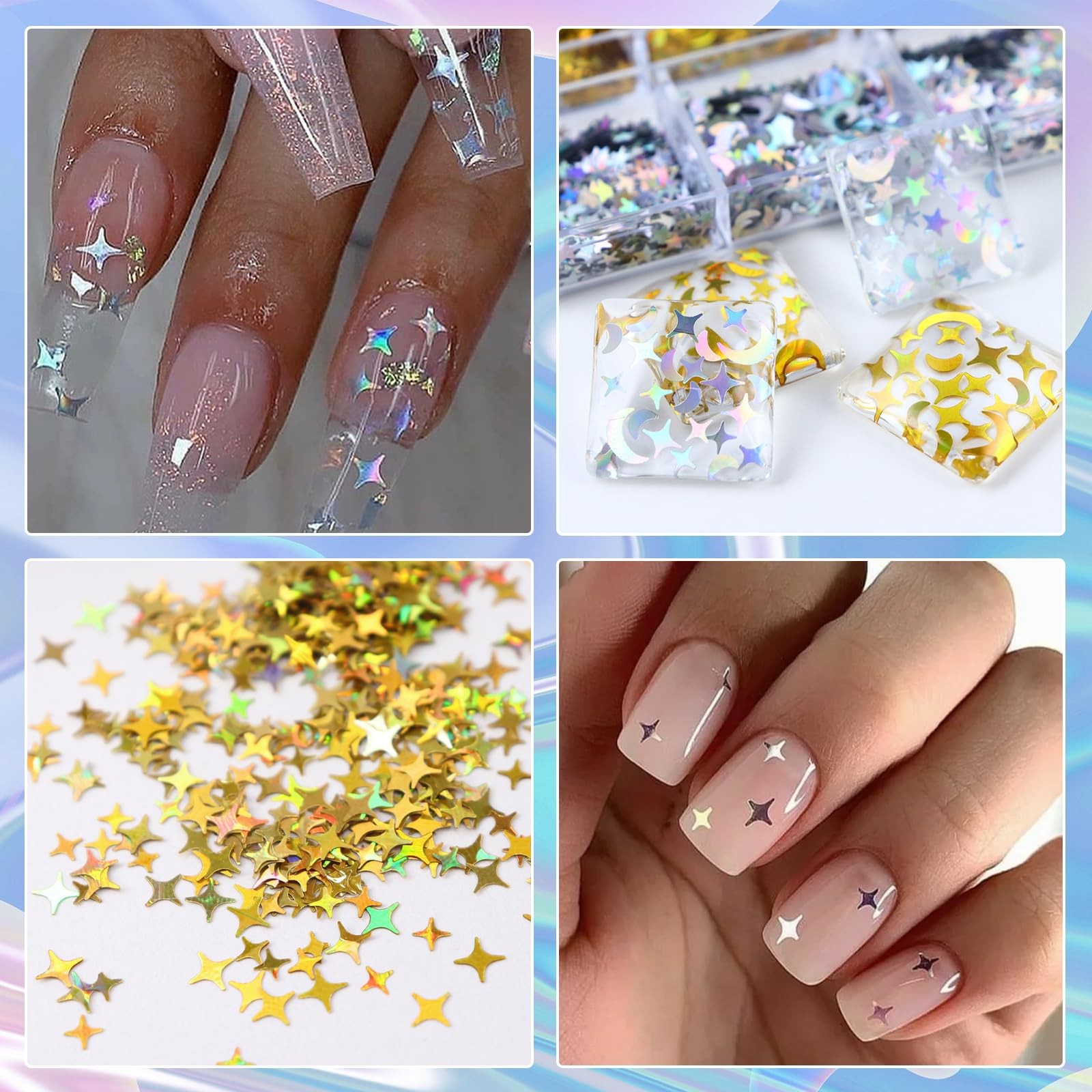 6 Grid Holographic Star Nail Glitter Set,3D Five-Pointed Star Sequins,Flakes …