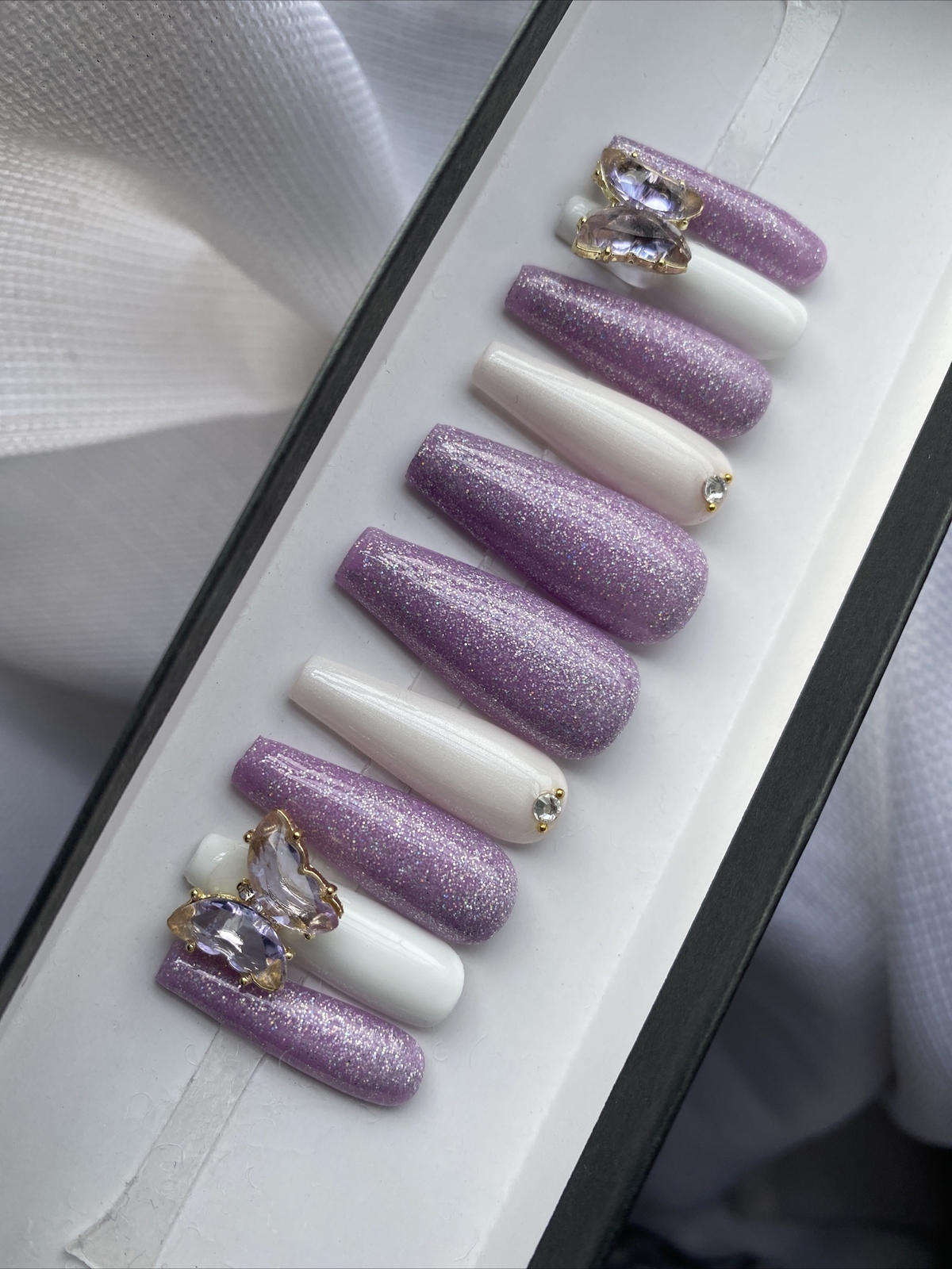 🔥CUSTOM Gel Press On False Nails, PURPLE BUTTERFLY 10p Set With Full Kit NEW