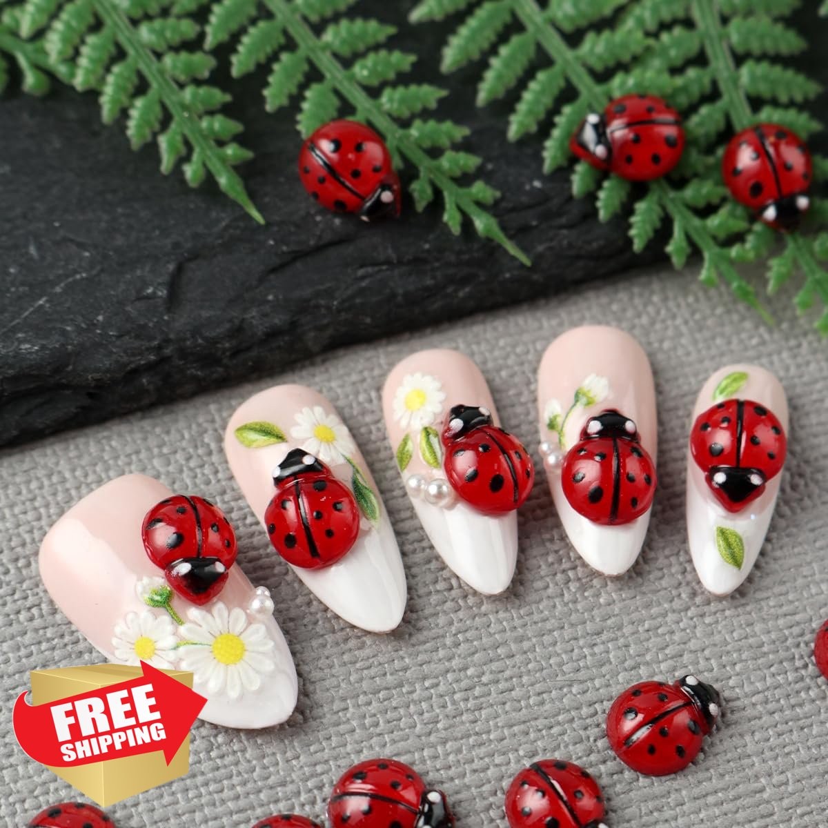 SHUXILIN 200pc Ladybug Nail Charms Red Resin 3D Rhinestones