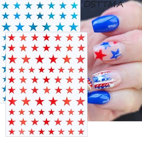 4th of July Nail Art Stickers, 6 Sheets Shiny Star Nail Red White Blue Star