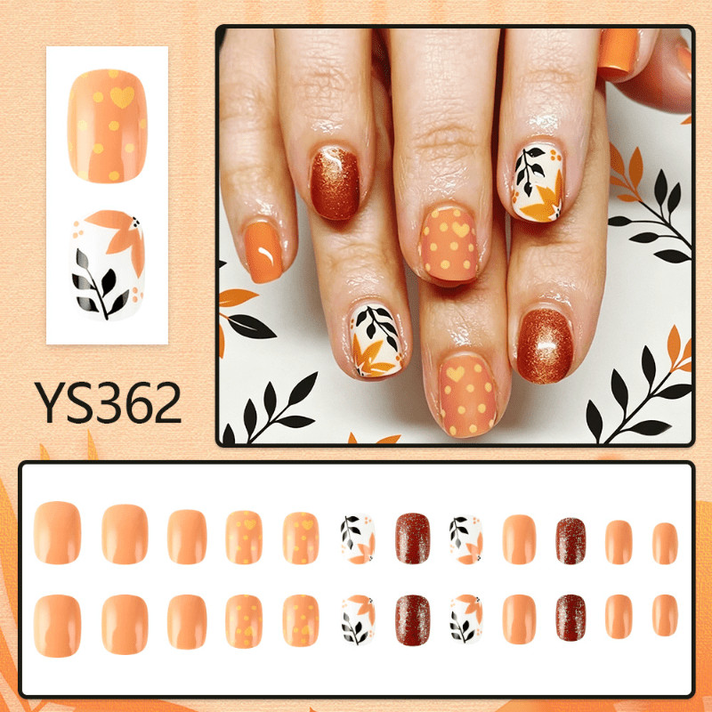 48Pcs-Short Square Autumn Orange Leaf Polka Dot Heart Glitter Press on Nails Set