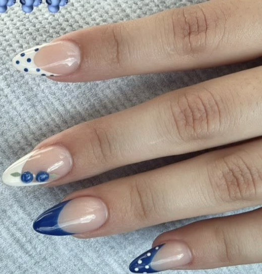 Blue White Nude French Dot Almond Long Full Cover Pre-Designed Press-On Nails